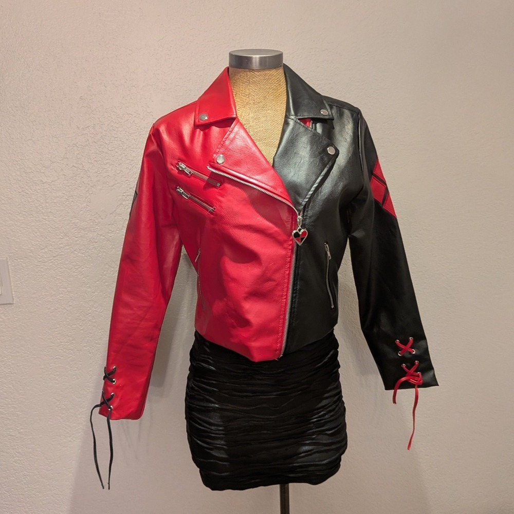 DC Comics Harley Quinn Moto Jacket Women Red Black Excellent Split Color Cosplay